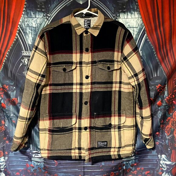 Billabong Jacket Shacket Men L Brown Flannel Plaid Cozy Sherpa Lined Boho Grunge - Picture 1 of 8